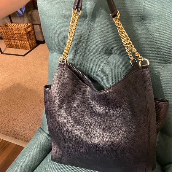 Michael Kors Newbury Pebbled Leather Chain Tote Bag dark navy EUC - Picture 10 of 14